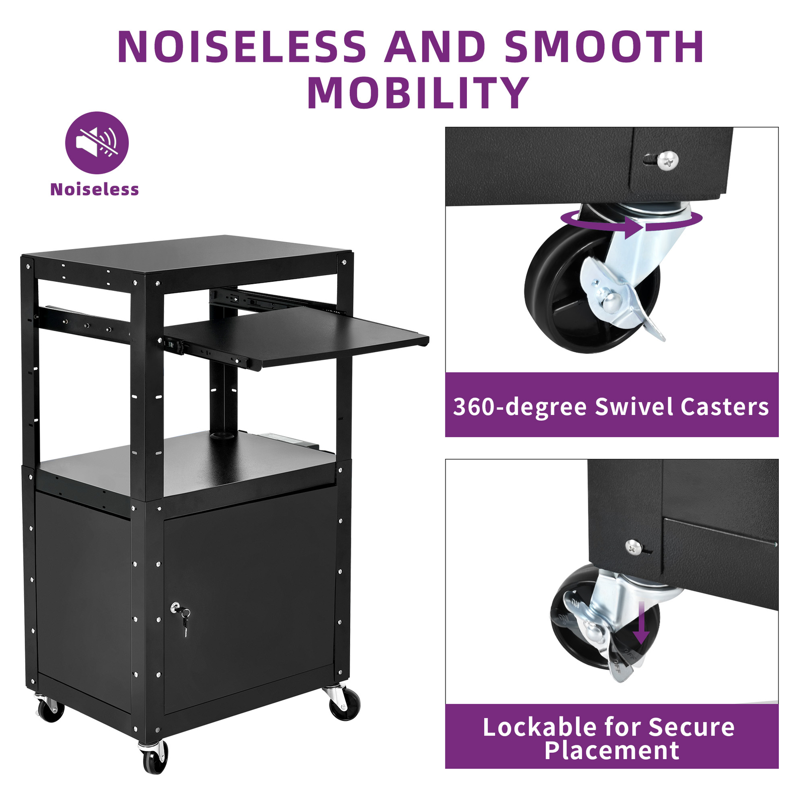 41'' Steel AV Cart with Locking Cabinet Adjustable Height Keyboard & Power Strip gallery