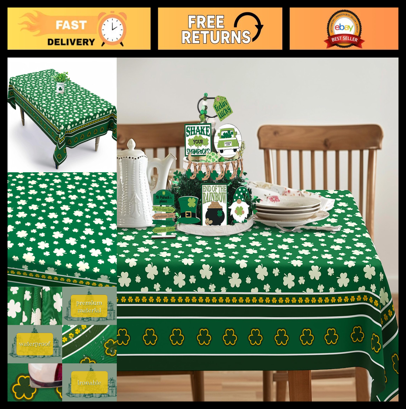 60x120 Inch St. Patrick's Day Tablecloth - Green Shamrock Clover Decor for Dinin gallery