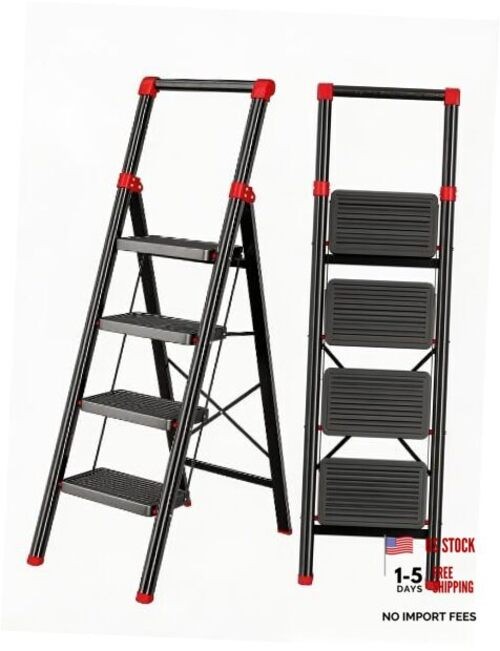 4‑Step Folding Step Ladder, Wide Anti‑Slip Pedals, Anti‑Slip 4 Step Black Red gallery