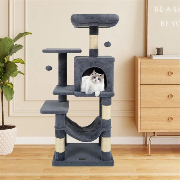 44in Cat Tree Tower Gray Multi Level w/ Top Perch 2 Door Condo Hammock for Indoo gallery