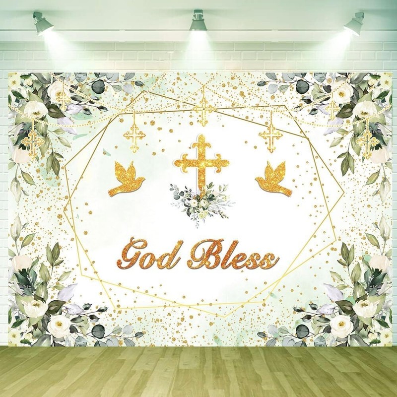 Greenery God Bless Backdrop 7x5ft Baptism Communion Banner Green Gold Decor gallery