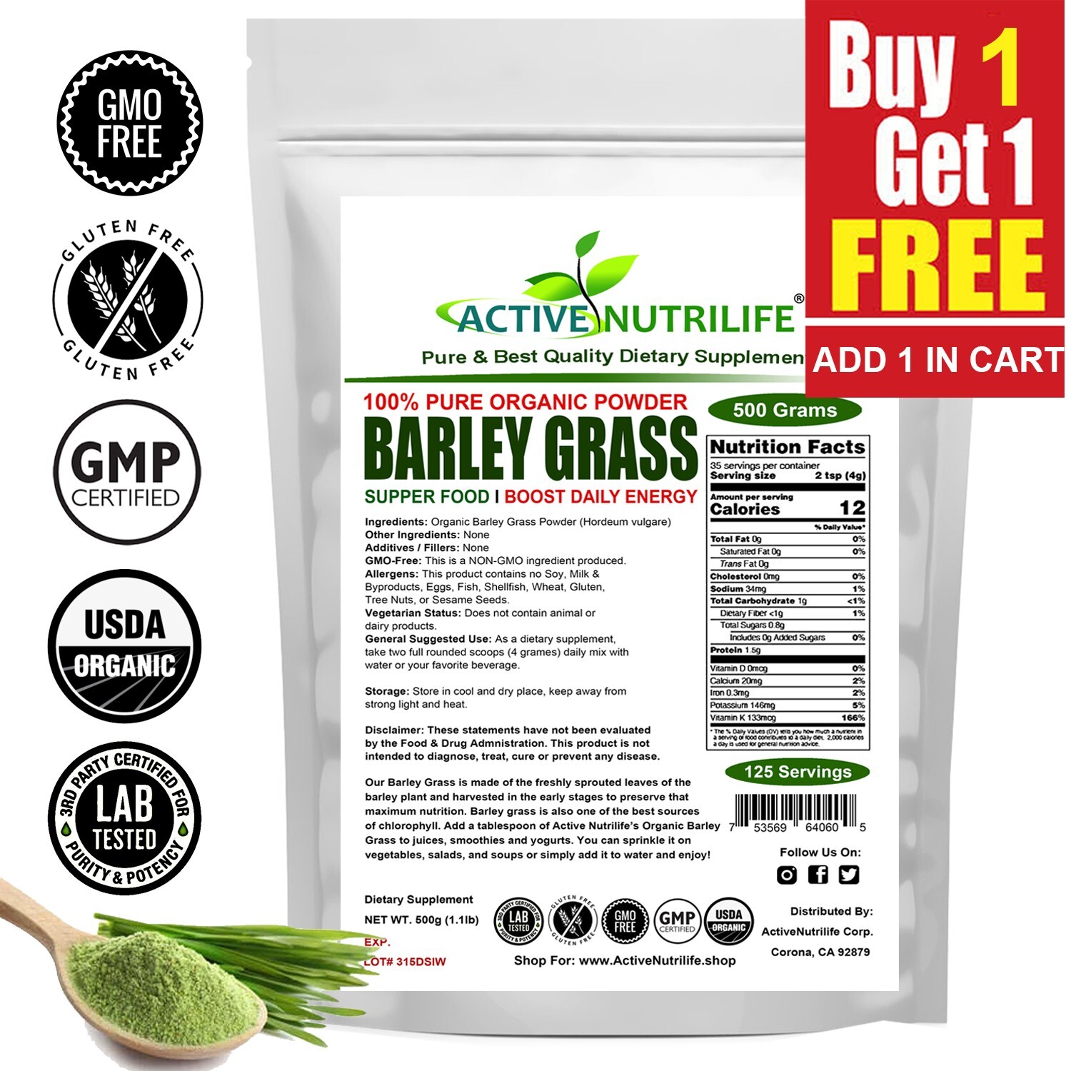 Organic Barley Grass Powder , USDA Certified, Green Vegan Superfood 500g gallery