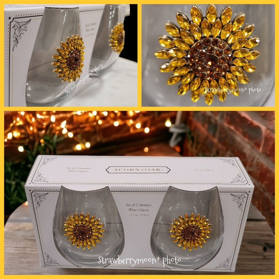 2pc Set Summer Fall Jeweled Rhinestone SUNFLOWER Stemless Wine Glasses NEW gallery