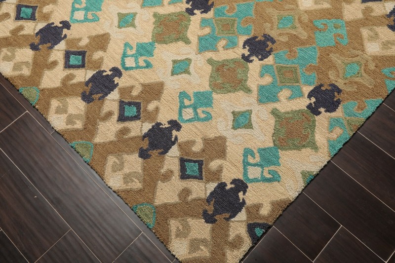 Multi Sizes Handmade 100% Wool Modern Loop & Cut Pile Area Rug Beige Turquoise gallery
