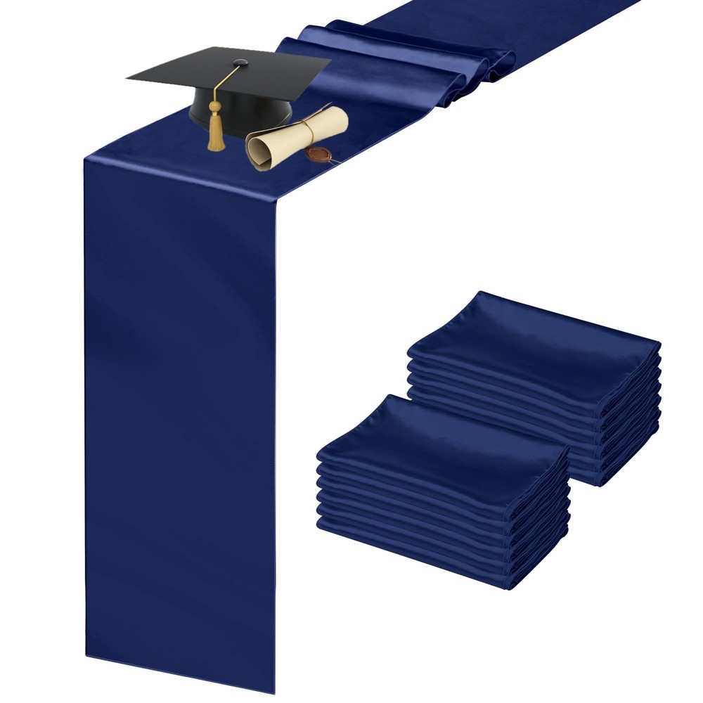 12 Pack Navy Blue Satin Table Runner 12 x 108 Inch, Dark Blue Runners for Tab...