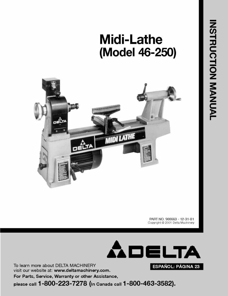 Delta 46-250 Midi-Lathe Instruction Manual FREE SHPPING gallery