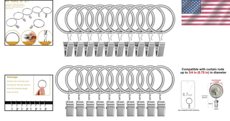 20pcs Rustproof Matte Silver Curtain Rings with Clips - 1'' Heavy-Duty Design gallery