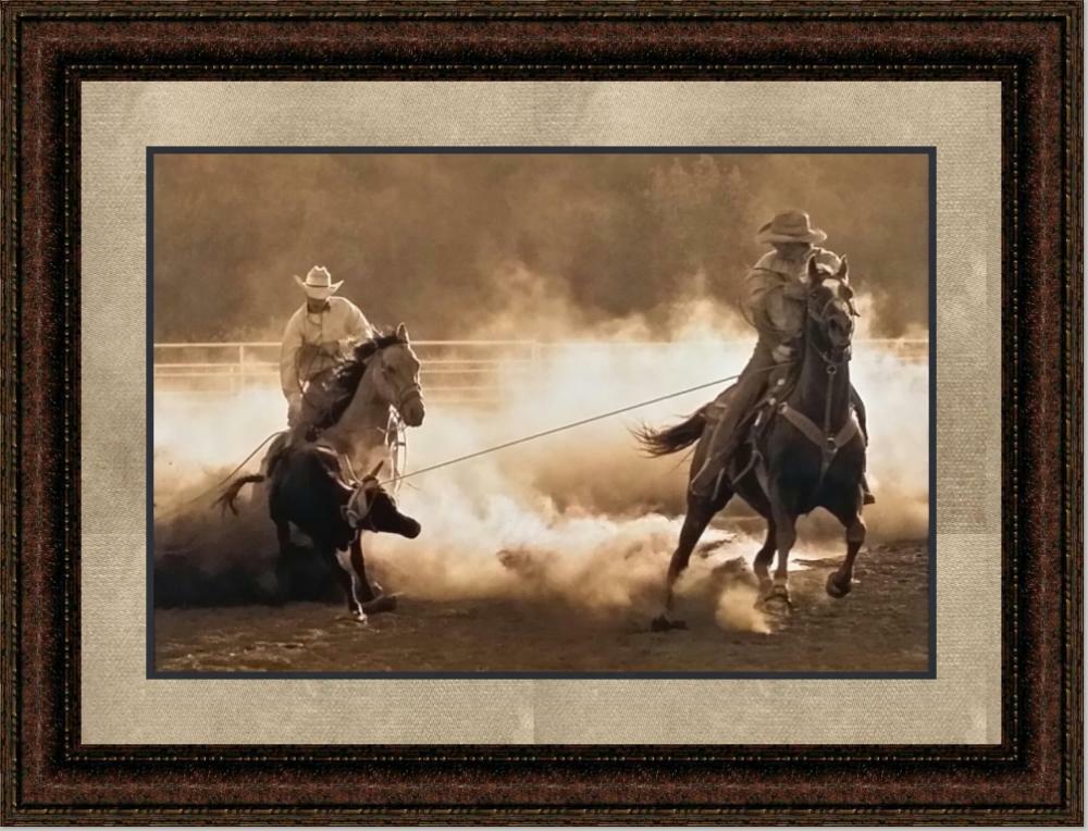 Roping on The Ranch | Framed Western Horse Art in Double Mat | 21L X 25W" Inches gallery
