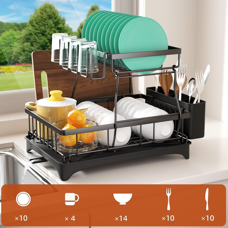2-Tier Auto-Drain Dish Drying Rack with Mat, Knife Cup Holder, Rustproof Kitchen gallery