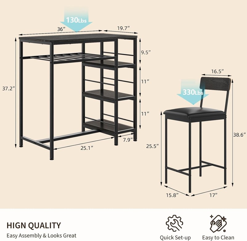 3pcs Dining Table Set for 2 Kitchen Dining Room with 2 Bar Stool and Wine Rack gallery