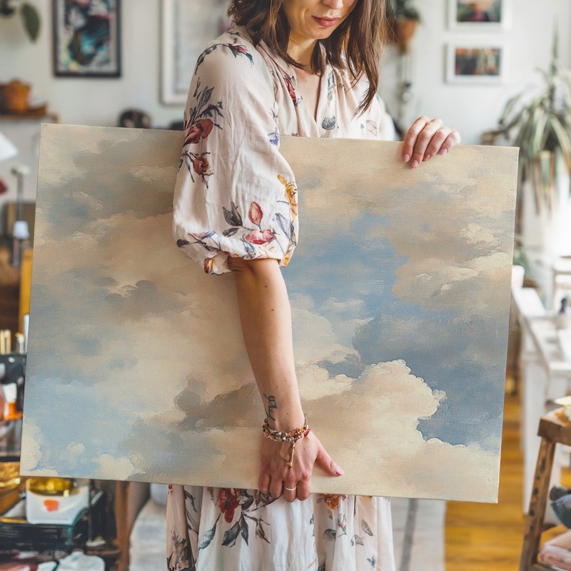 Large Abstract Cloudscape Canvas Wall Art Blue Sky White Puffy Clouds Painting gallery