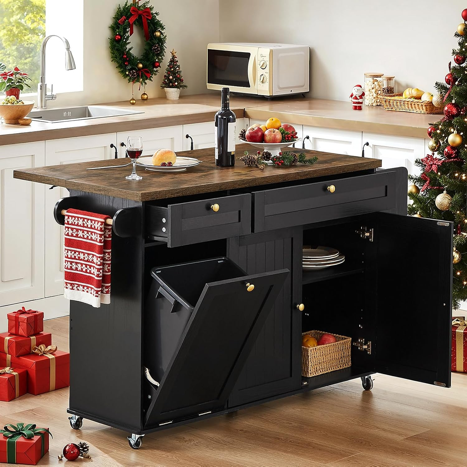 60 Inch Kitchen Island Rolling Cart with Storage Power Outlet Drop Leaf Cabinet gallery