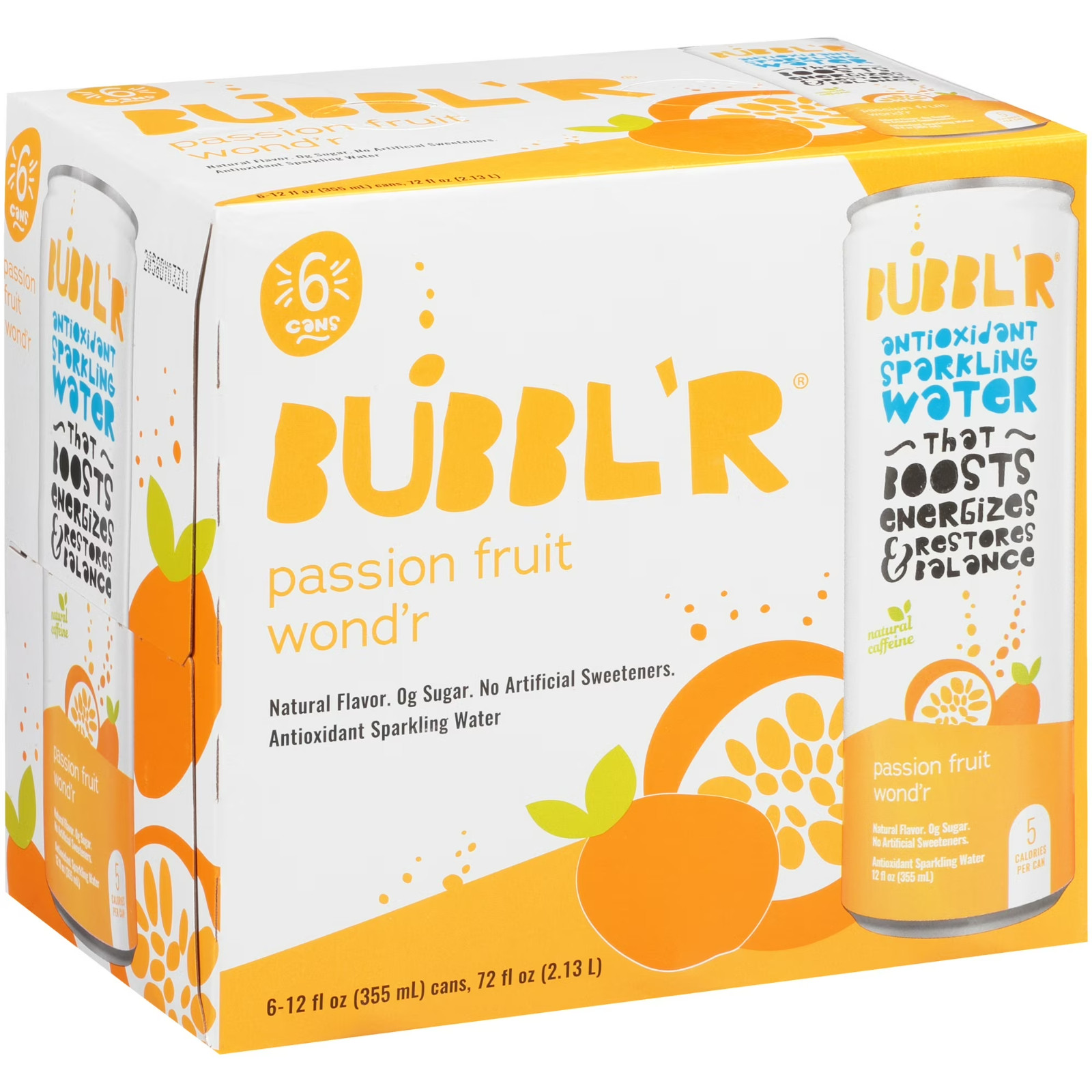BUBBL'R Antioxidant Sparkling Water, Passion Fruit Wond'r, 12 fl oz, 6 Pack Cans gallery