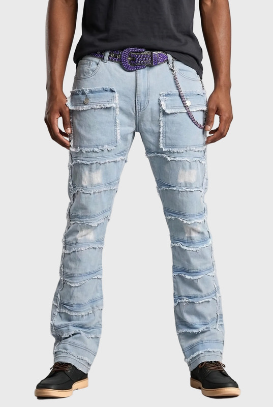Statement Layered Distressed Jeans - Best Fitted Blue Stack with Fringe Detail gallery