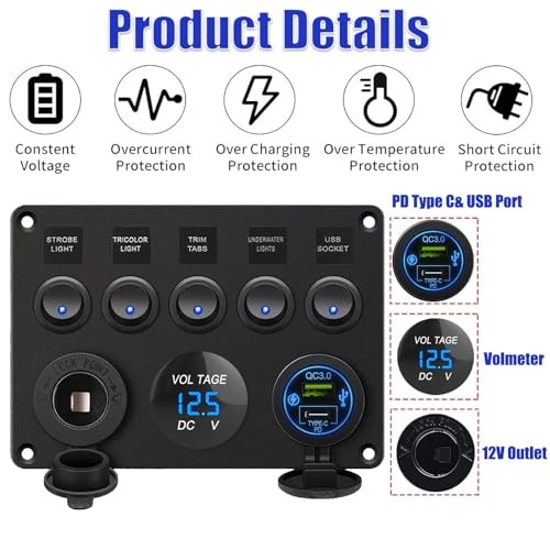 5 Gang Rocker Switch Panel PD Type-c USB Charger Digital Voltmeter 12V Outlet gallery