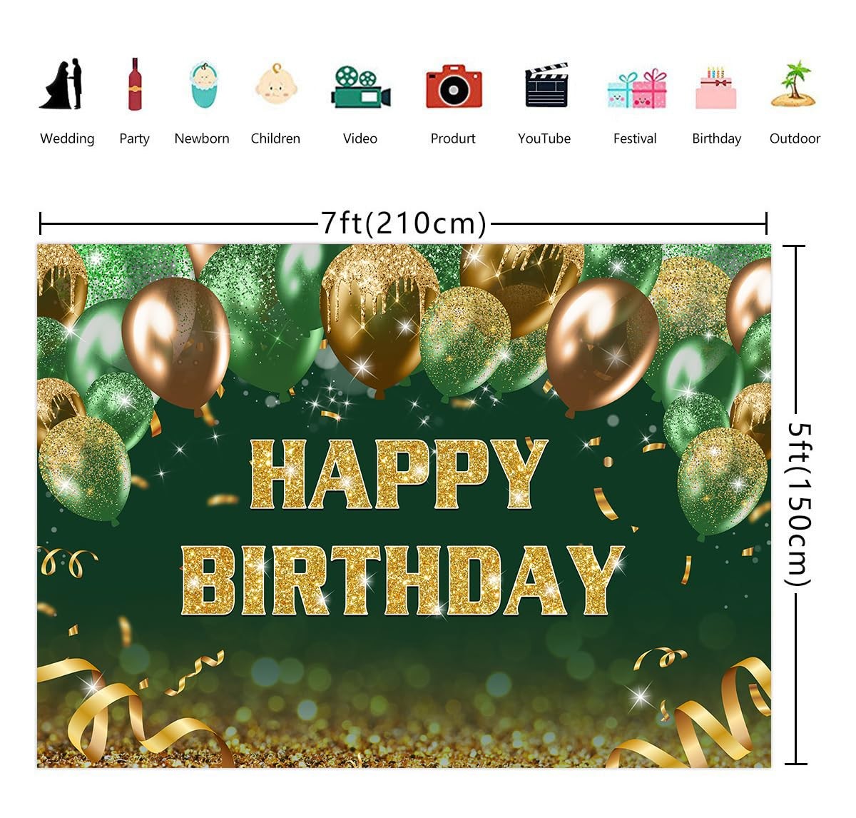 7x5ft Green Gold Birthday Backdrop Gold Green Glitter Bokeh Balloons Happy Birth gallery