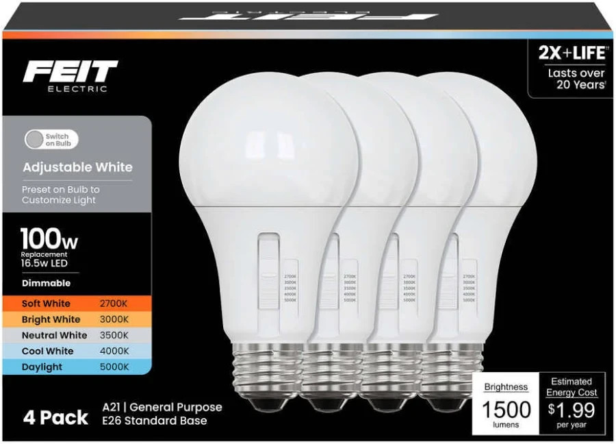 ADJUSTABLE !! Feit A21 E26 (Medium) LED Bulb White 100 Watt Equivalence 4 pk NEW gallery