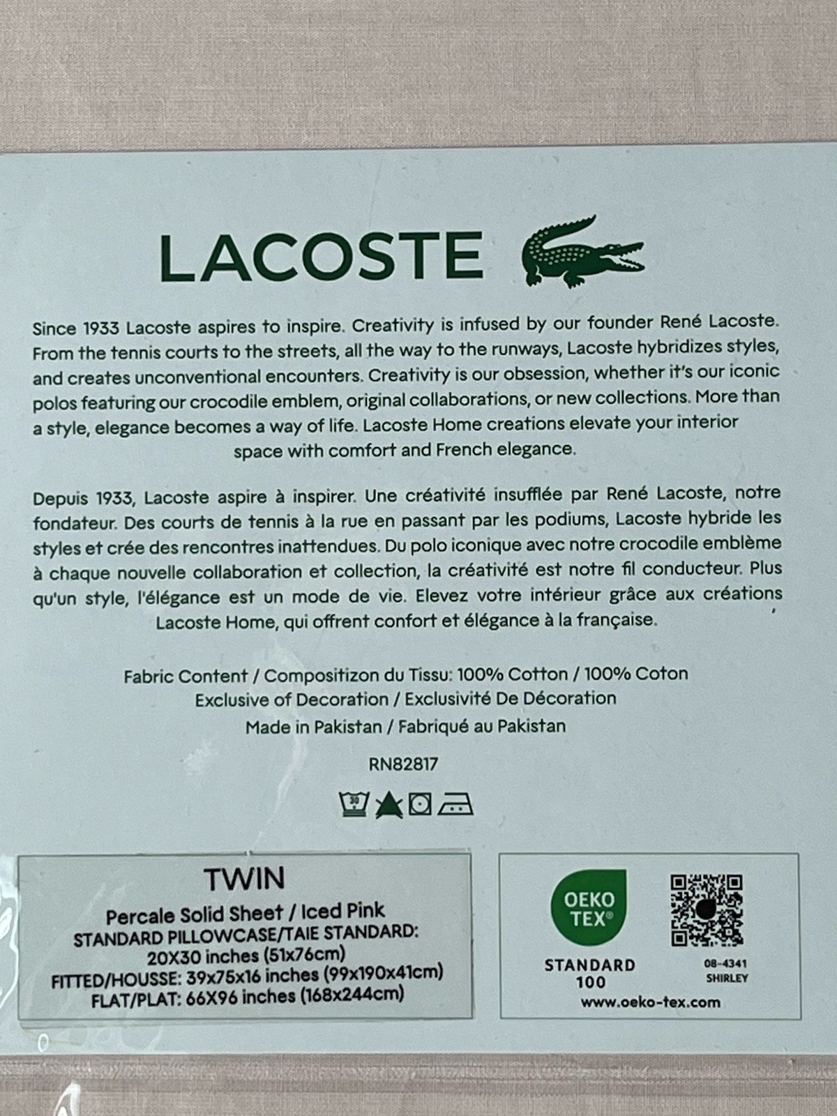 LACOSTE Solid Iced Pink 100% Cotton Percale TWIN Sheet Set gallery