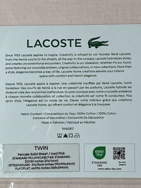LACOSTE Solid Iced Pink 100% Cotton Percale TWIN Sheet Set gallery