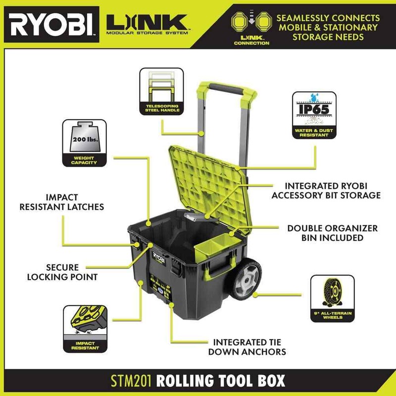 Ryobi LINK Rolling Tool Box Impact Water Dust Resistant Modular Storage System gallery