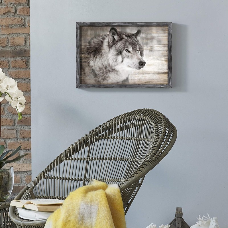 Wolf Framed Wall Art Decor: Modern Wild Animal Wooden Painting Rustic Natural... gallery