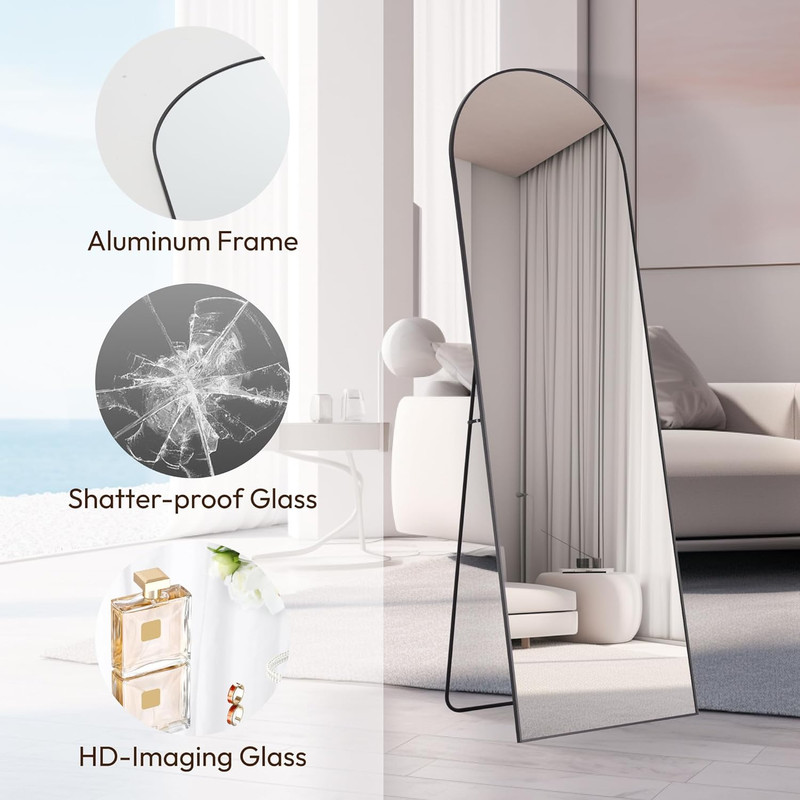 Elegant Arched Full Length Mirror, 64"x21", HD Nano Glass, Floor/Wall Mount gallery