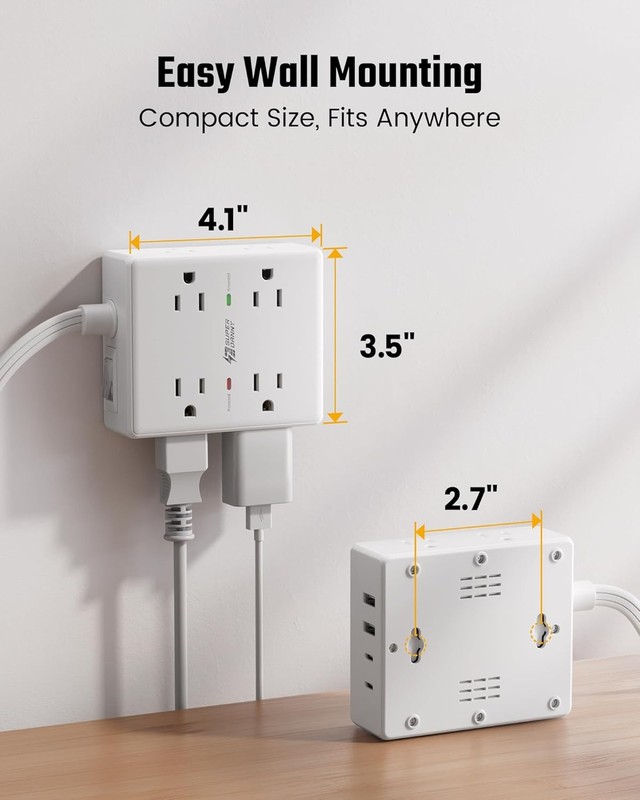 10Ft Extension Cord with Multiple Outlets, Flat Plug Surge Protector Power Strip gallery