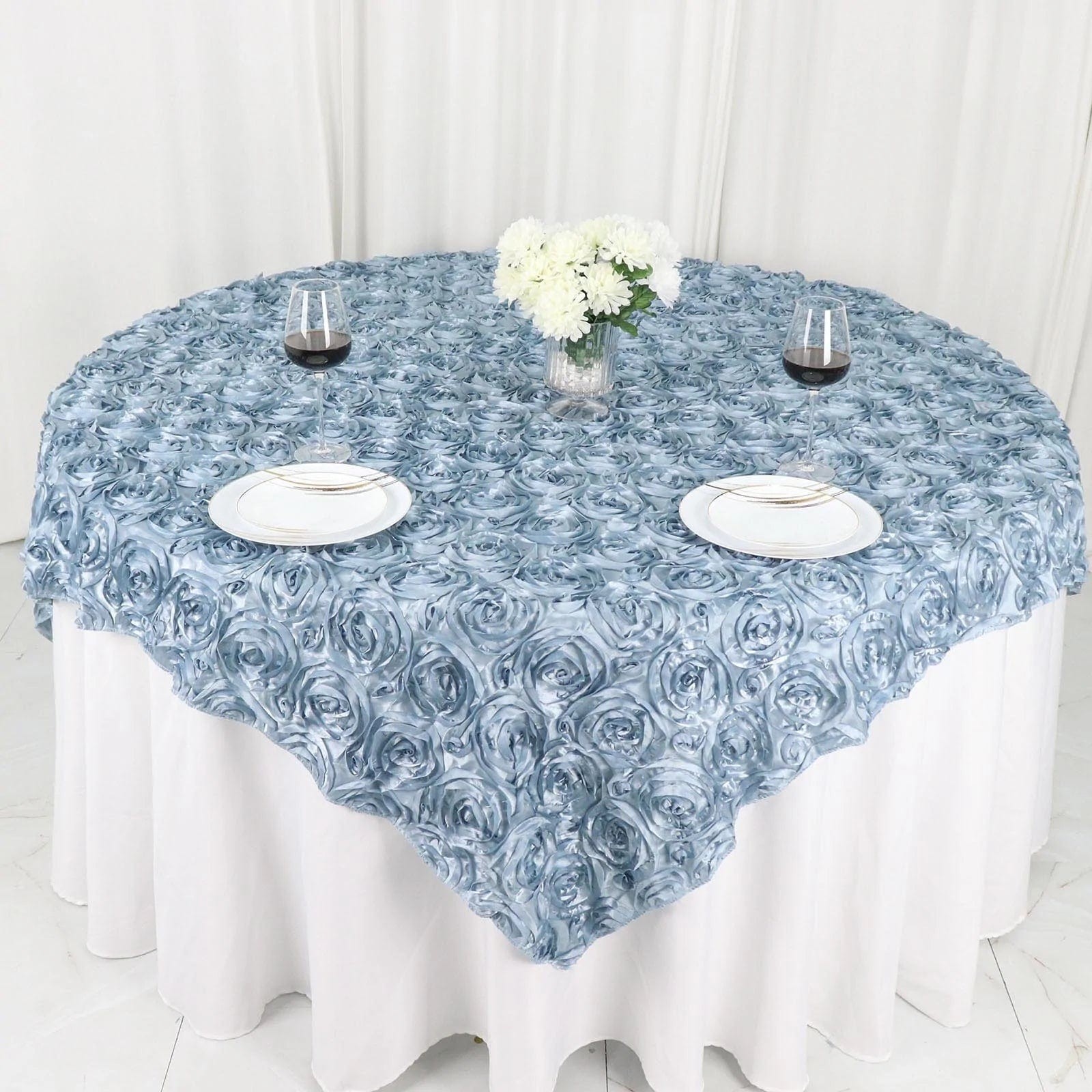 72x72" Dusty Blue SATIN Raised Roses TABLE OVERLAYS Unique Light Gray Party gallery
