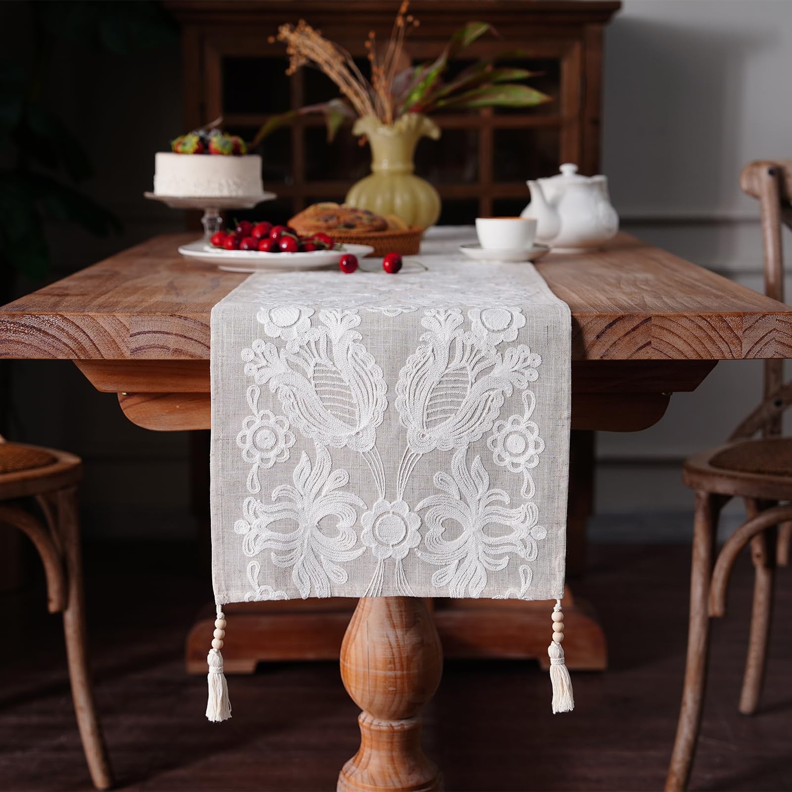 Embroidered Table Runner Boho Farmhouse Dresser Scarf Macrame Rustic Lace Doi... gallery