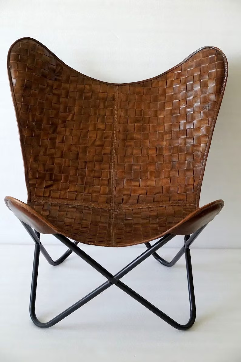 Butterfly Chair Checks Textured Leather Chair Lounge Accent Relax Folding Chair gallery