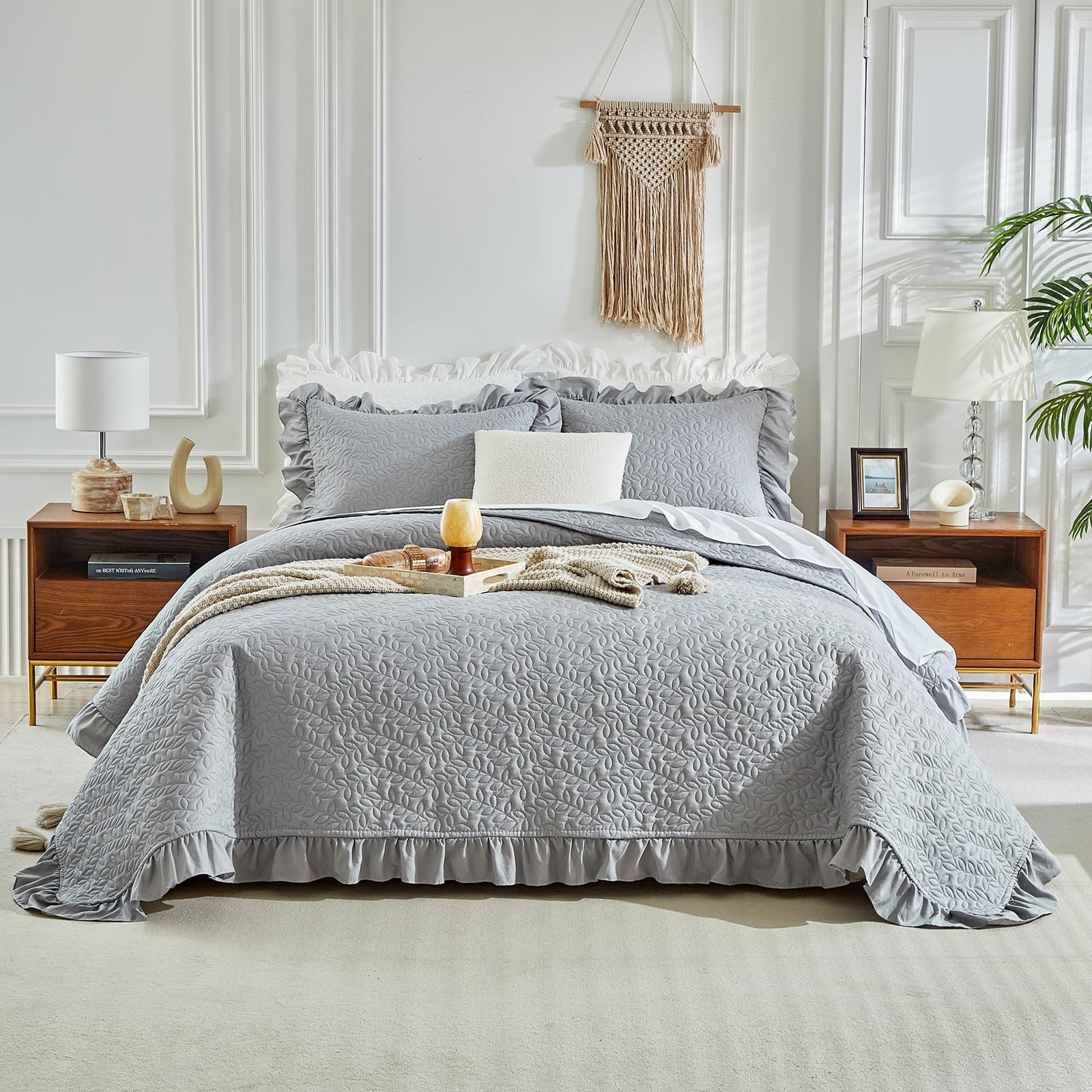 Oversized Ruffled Quilt Set 70 * 88in Twin Size Solid Shabby Chic Farmhouse R... gallery