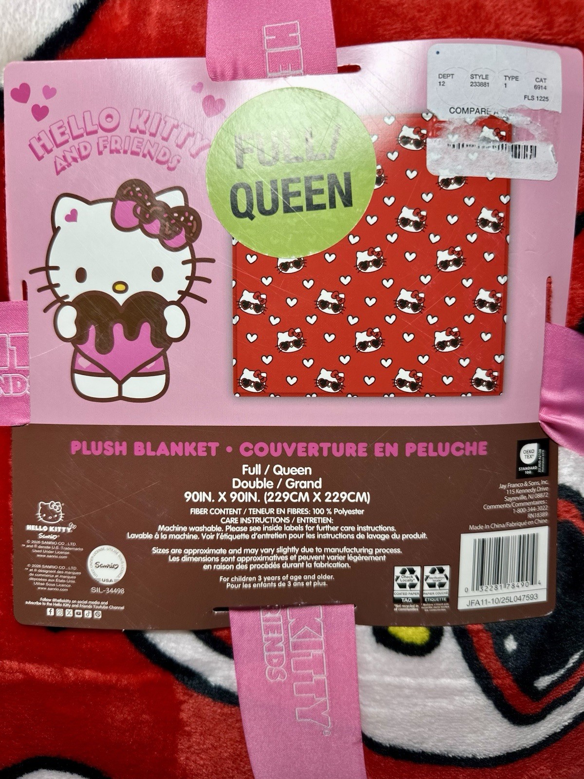 Hello Kitty Valentine's Day Red Blanket Plush Full/Queen 90in X 90in NWT Hearts gallery