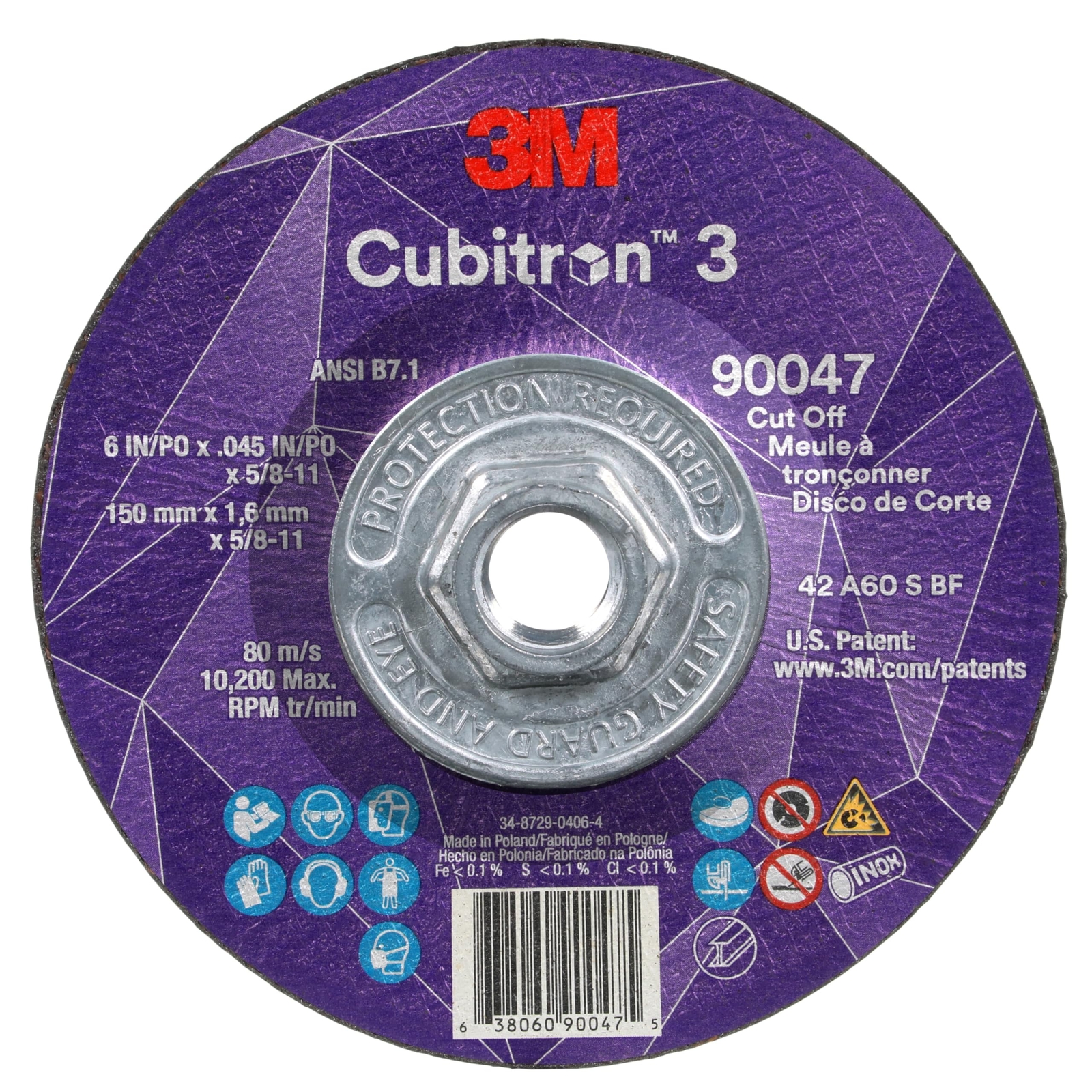 3M Cubitron 3 Cut-Off Wheel 90047 60+ T27 6 in x 0.045 in x 5/8 in-11 150 x gallery