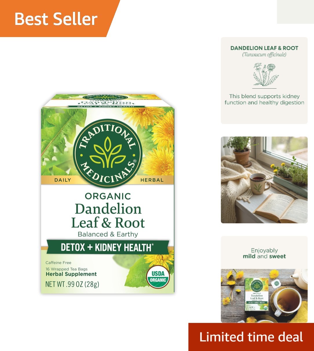 Organic Dandelion Leaf & Root Tea - 16 Caffeine-Free Bags for Detox & Digestion gallery