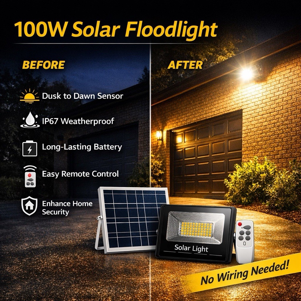 100W LED Solar Floodlight Panel Street Lights Outdoor Waterproof Remote Control gallery