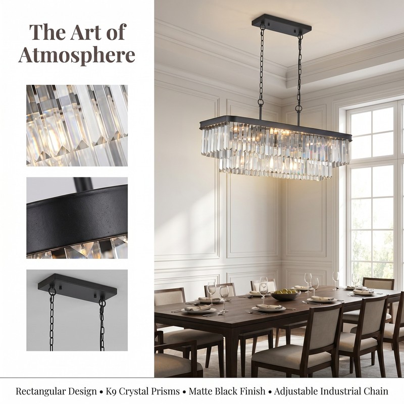34 in Black Rectangular LED Crystal Chandelier 11 Light Pendant Kitchen Fixture gallery