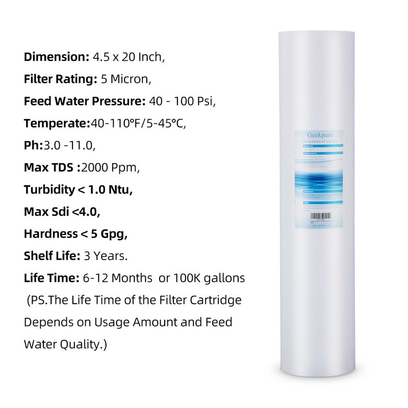 Geekpure Whole House PP Sediment Replacement Water Filter 4.5" x 20" -5 Mic 4 PK gallery
