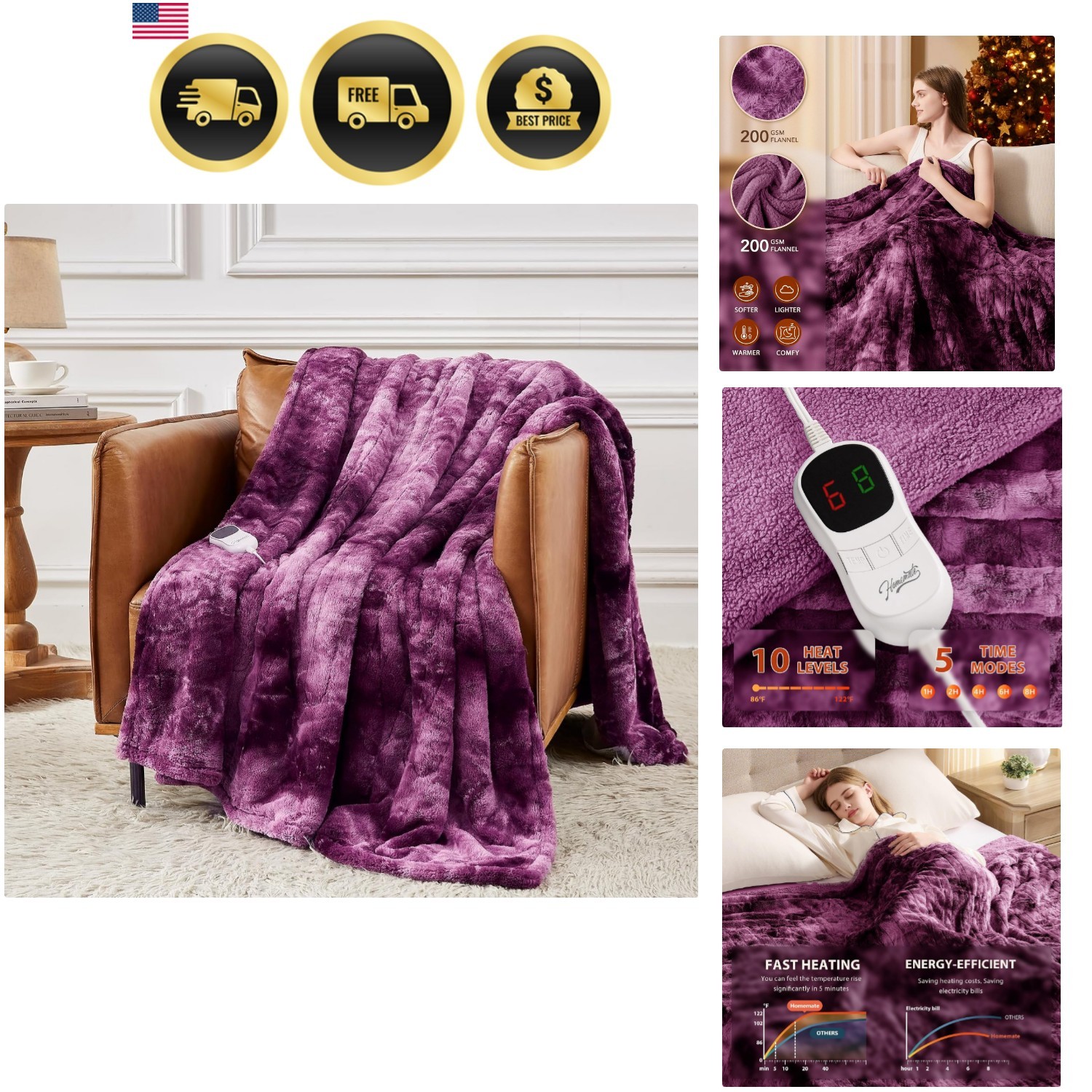 Heated Blanket Electric Throw 50x60 Inches Auto-Off 10 Heat Levels Faux Fur S... gallery