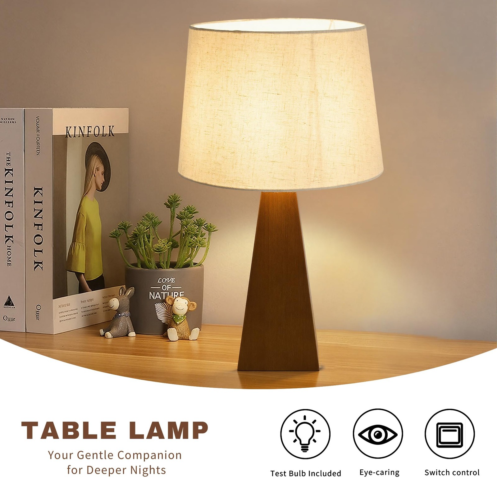 Bamboo Table Lamp with Linen Shade, Modern Boho Bedside Nightstand Lamp for B... gallery