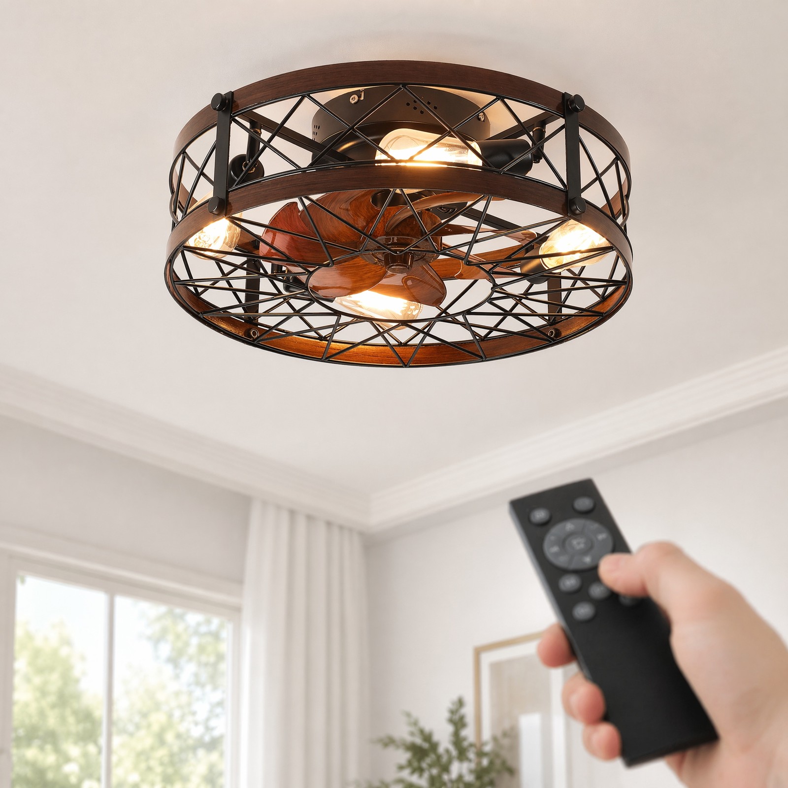 20'' Caged Ceiling Fan with LED Light Rustic Flush Mount Remote Control Black gallery
