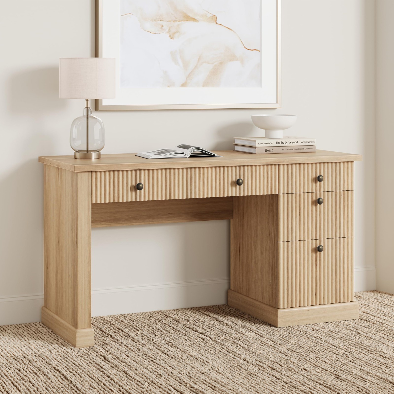 Fluted Home Office Desk Modern Executive Desk with Charging Station & Drawers gallery