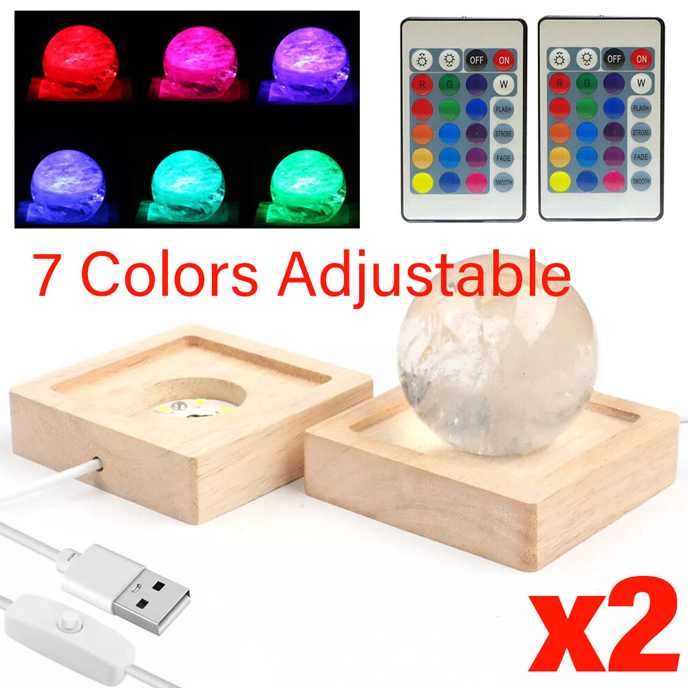 2x USB LED Adjustable Light Square Solid Wood Base Holder Crystal Craft Display gallery