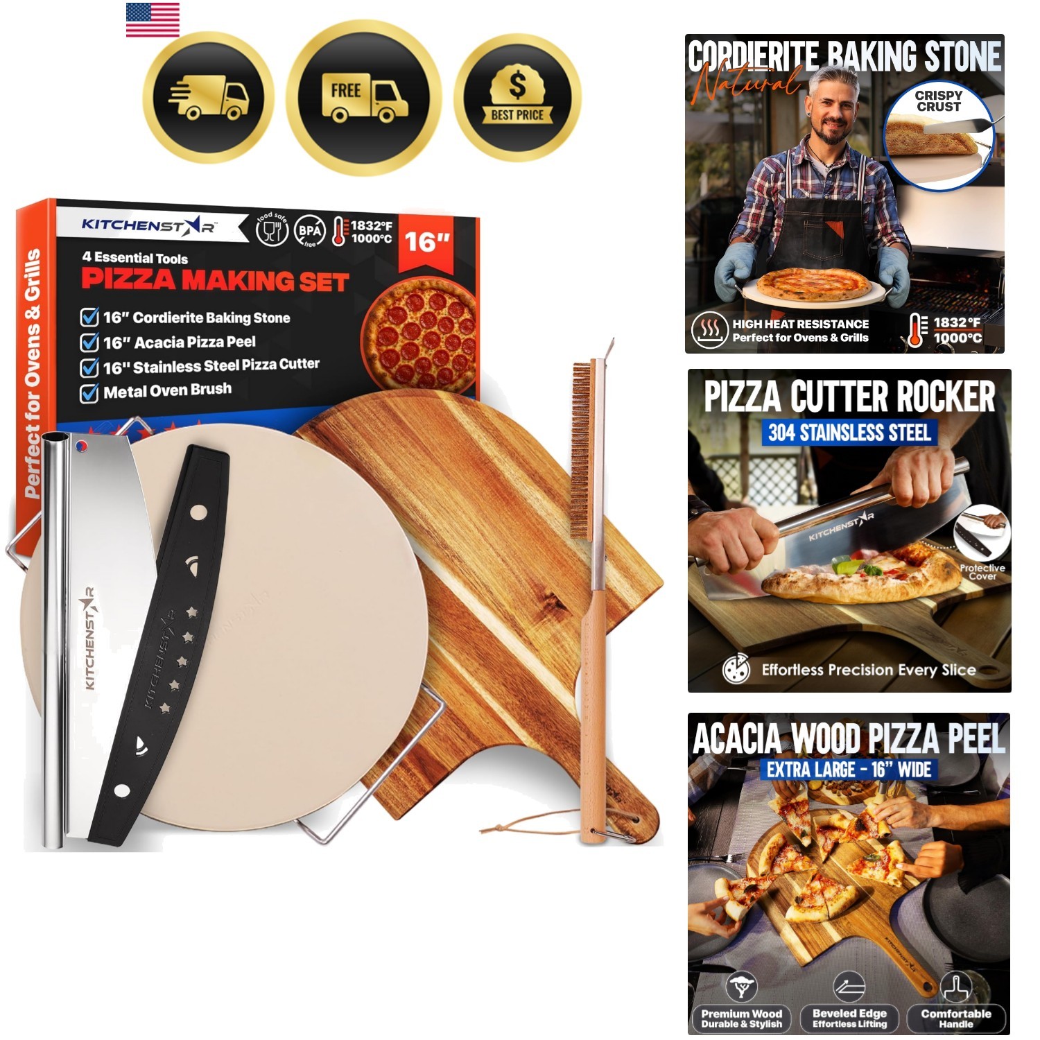 16-inch Pizza Making Set, 6 PCS - Pizza Stone + Stainless Steel Rack, Acacia ... gallery