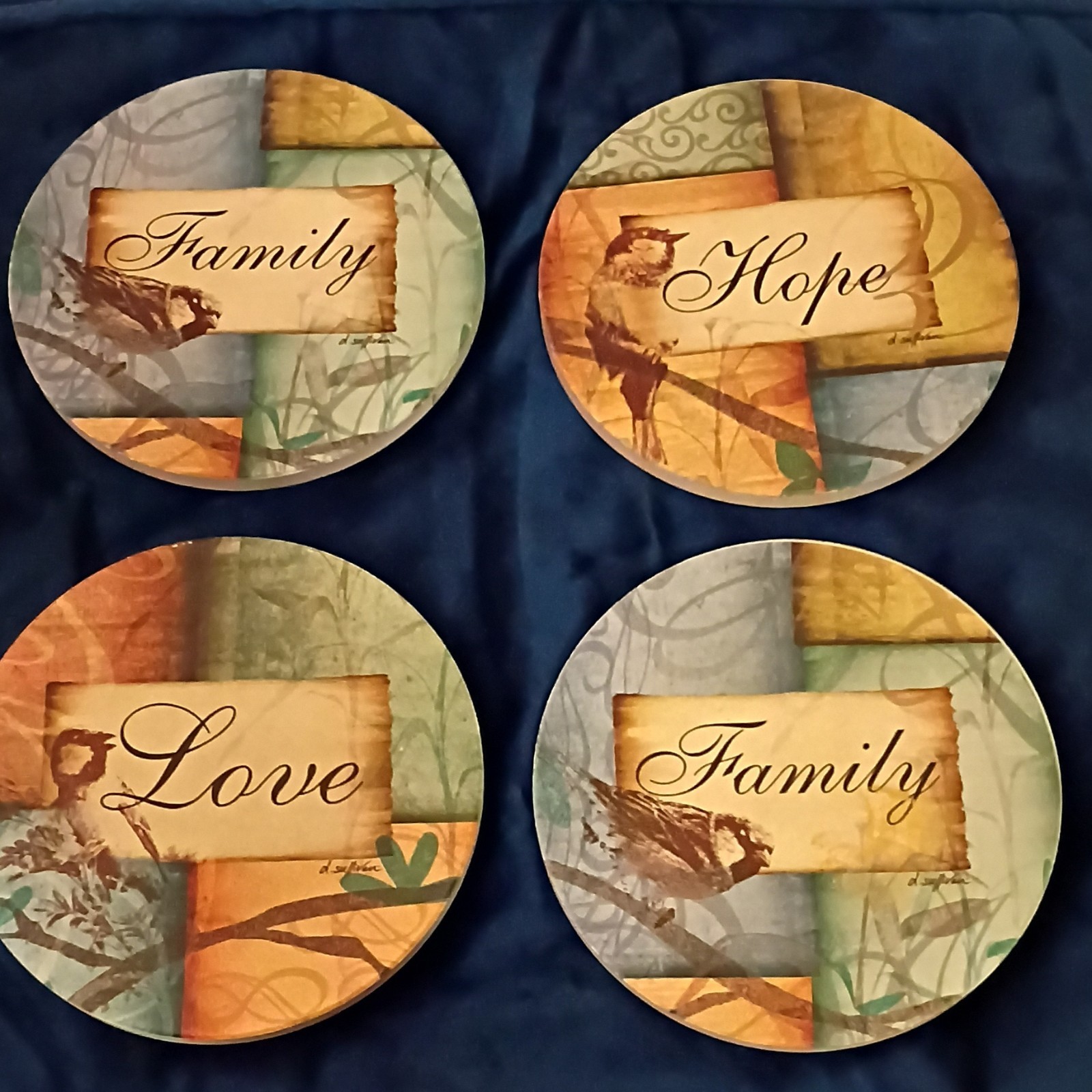 Multicolor Cork Round Coaster Set Floral Nature Family Love Hope Birds, 4pcs gallery