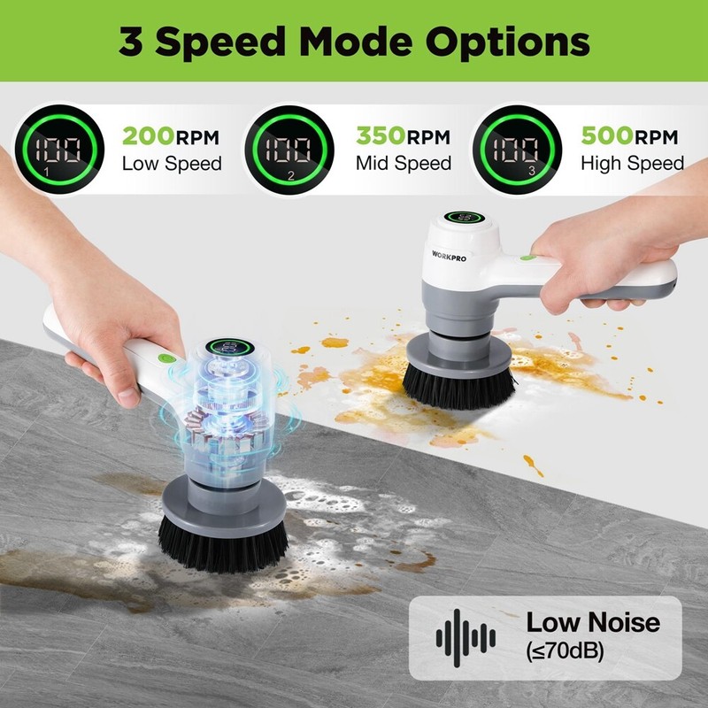 WORKPRO 8V Electric Spin Scrubber 3-Speed Adjustable Shower Scrubber with 6 Head gallery