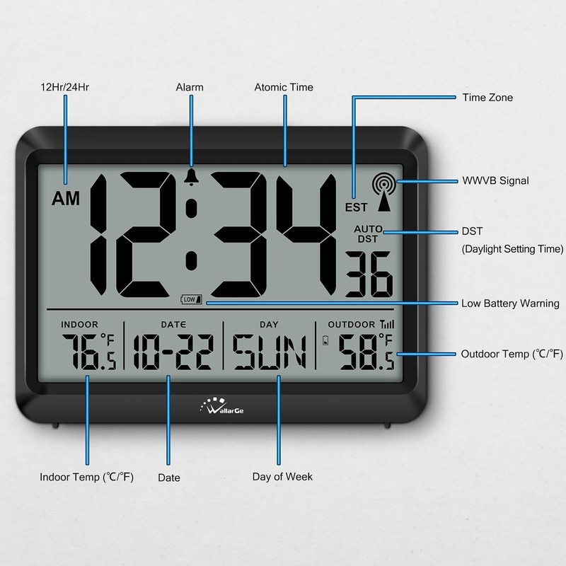 Atomic Clock with Indoor Outdoor Temperature, Self-Setting Digital Wall Clock gallery