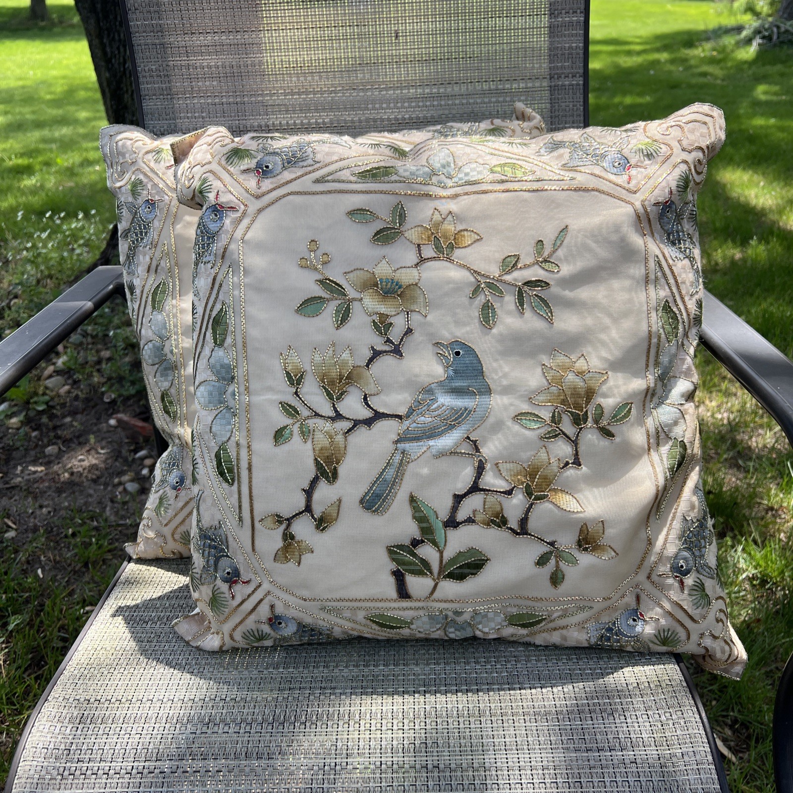 Vintage Silk Blend Golden Cloud Hand Embroidered Metallic Thread 2 Pillows gallery