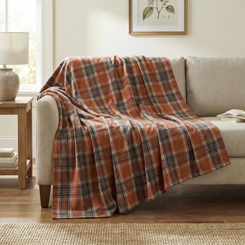 Rust Farmhouse Plaid Fall Decorative Blanket Throw, Autumn Rustic Soft Lightw... gallery