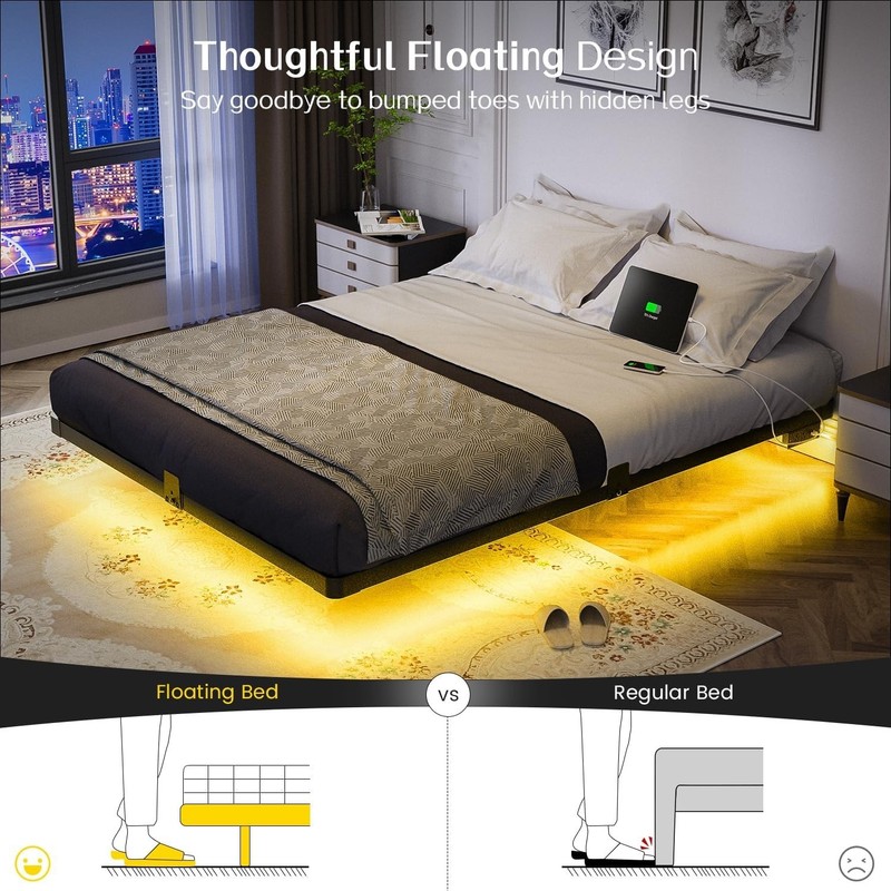 Floating Bed Frame Queen Size with Smart LED Lights and Charging Station - Mo... gallery