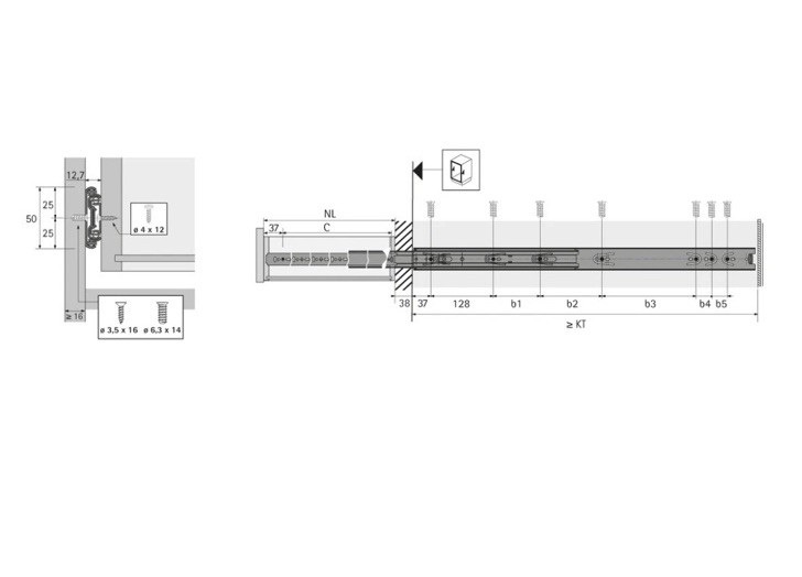 Hettich KA4932 Over Extension 18 in. Drawer Slide 130 lb. Capacity (No Screws) gallery